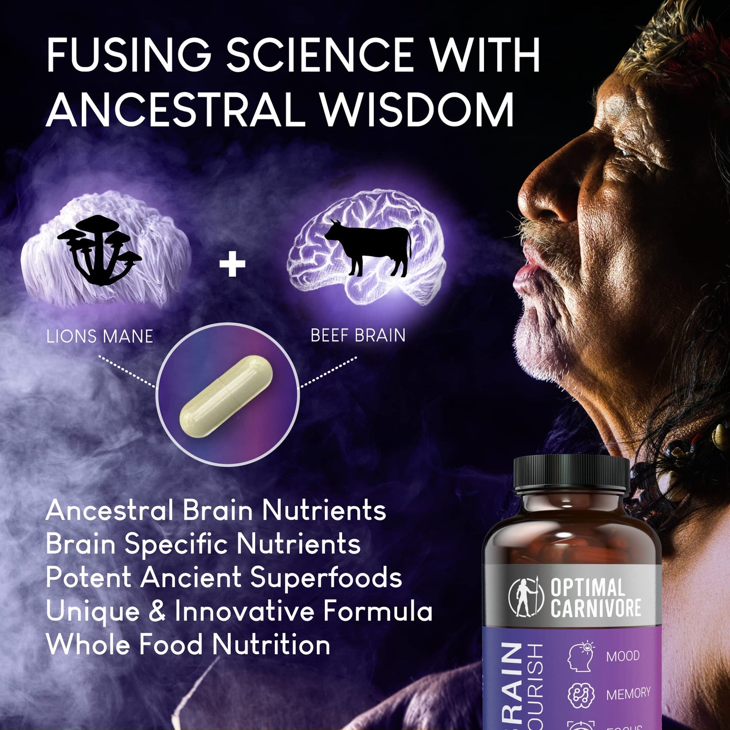 Optimal Carnivore Lions Mane Mushroom & Beef Brain Nootropic Capsule, 180 Count