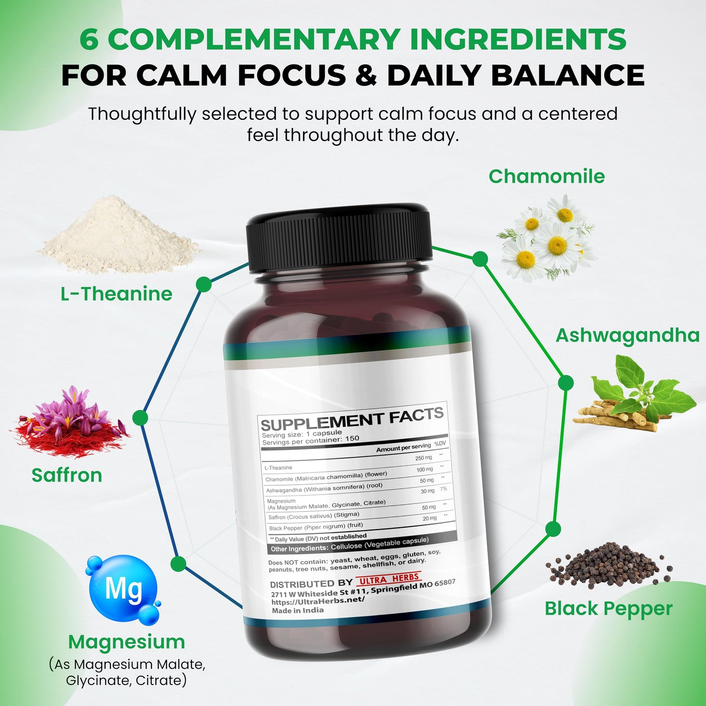 ULTRA HERBS L-Theanine Supplement Capsule 150 Count