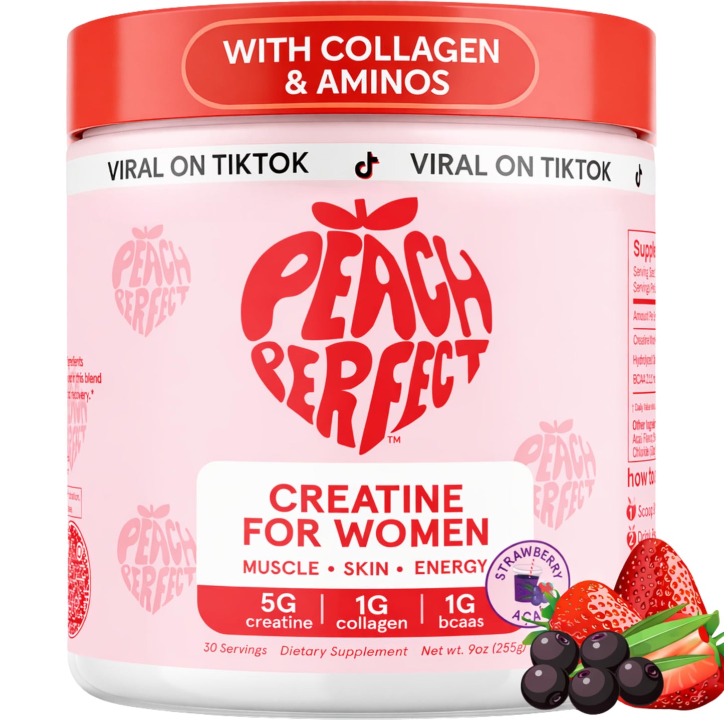 Peach Perfect Creatine for Women – Micronized Creatine Monohydrate Powder with BCAA & Collagen for Glute Strength Support, Boost Energy, Focus, Strength, and Endurance – Strawberry Acai, 9.5 Ounce