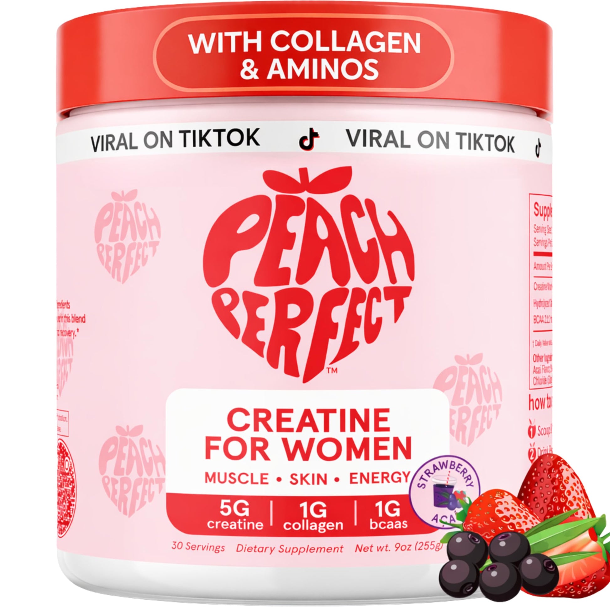 Peach Perfect Creatine for Women – Micronized Creatine Monohydrate Powder with BCAA & Collagen for Glute Strength Support, Boost Energy, Focus, Strength, and Endurance – Strawberry Acai, 9.5 Ounce