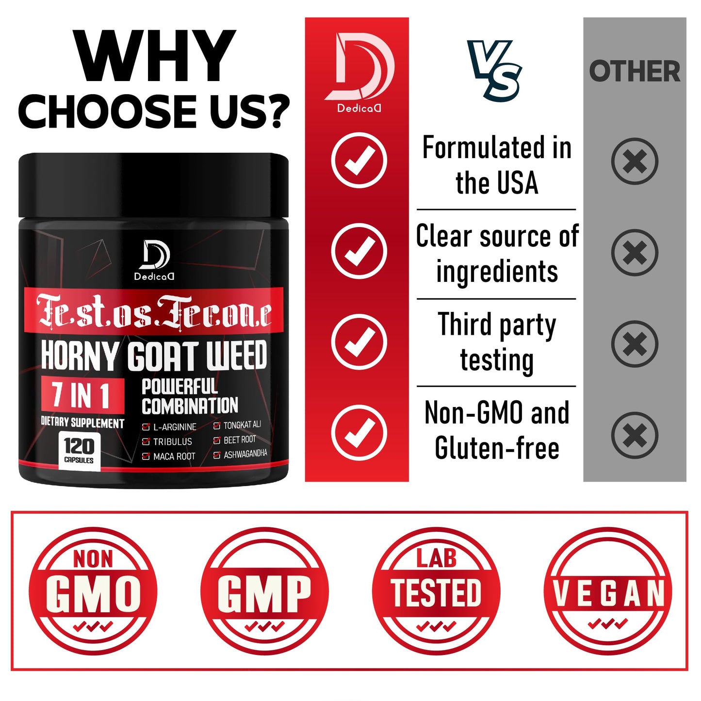 DEDICAD 7 in-1 Ultra Test Support with Tribulus Terrestris Horny Goat Weed L-Arginine Maca Root Tongkat Ali Beet Root Capsules 120