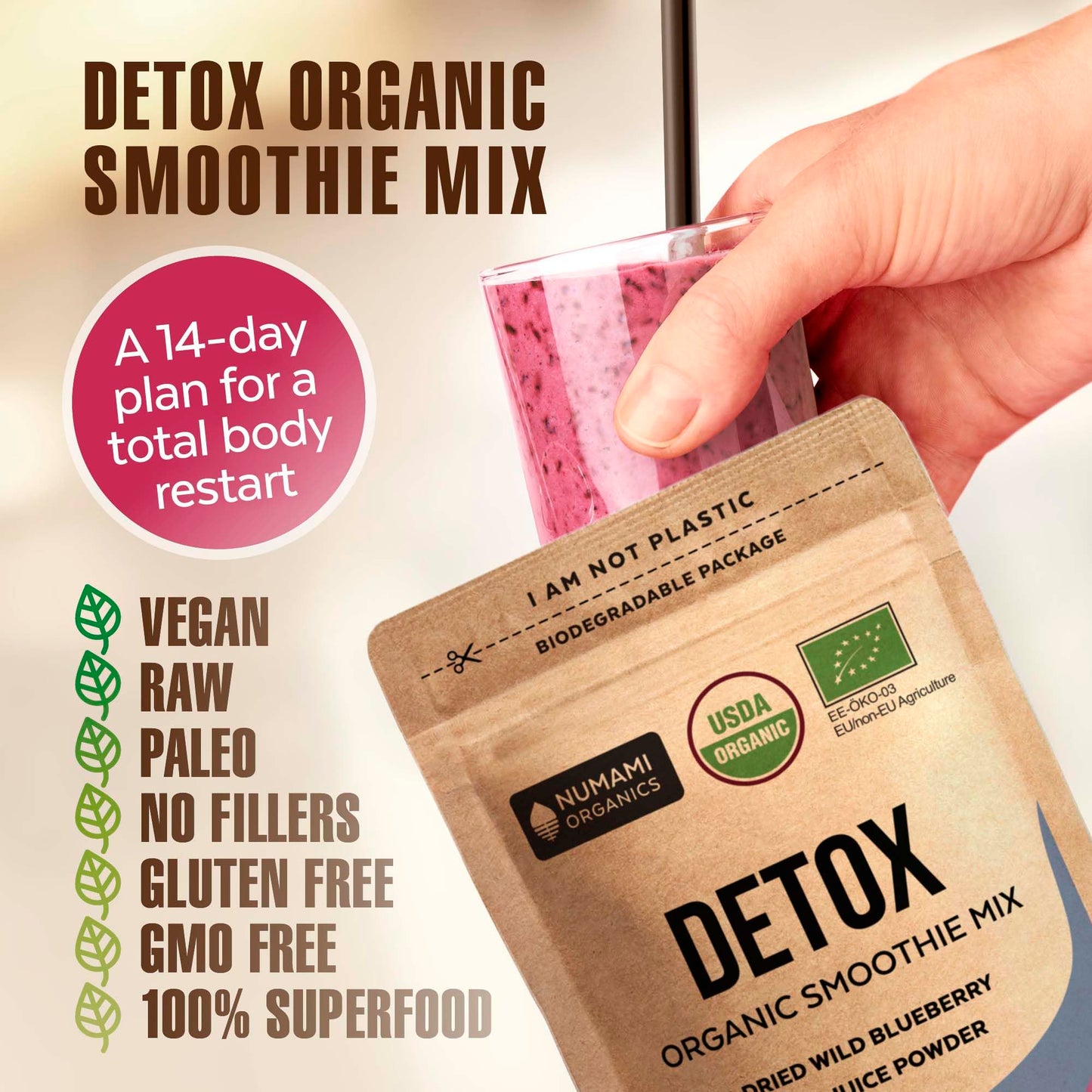 Numami Organic Detox Blueberry Smoothie Powder with Spirulina, Atlantic Dulse and Barley Grass Juice Powder, 6 oz