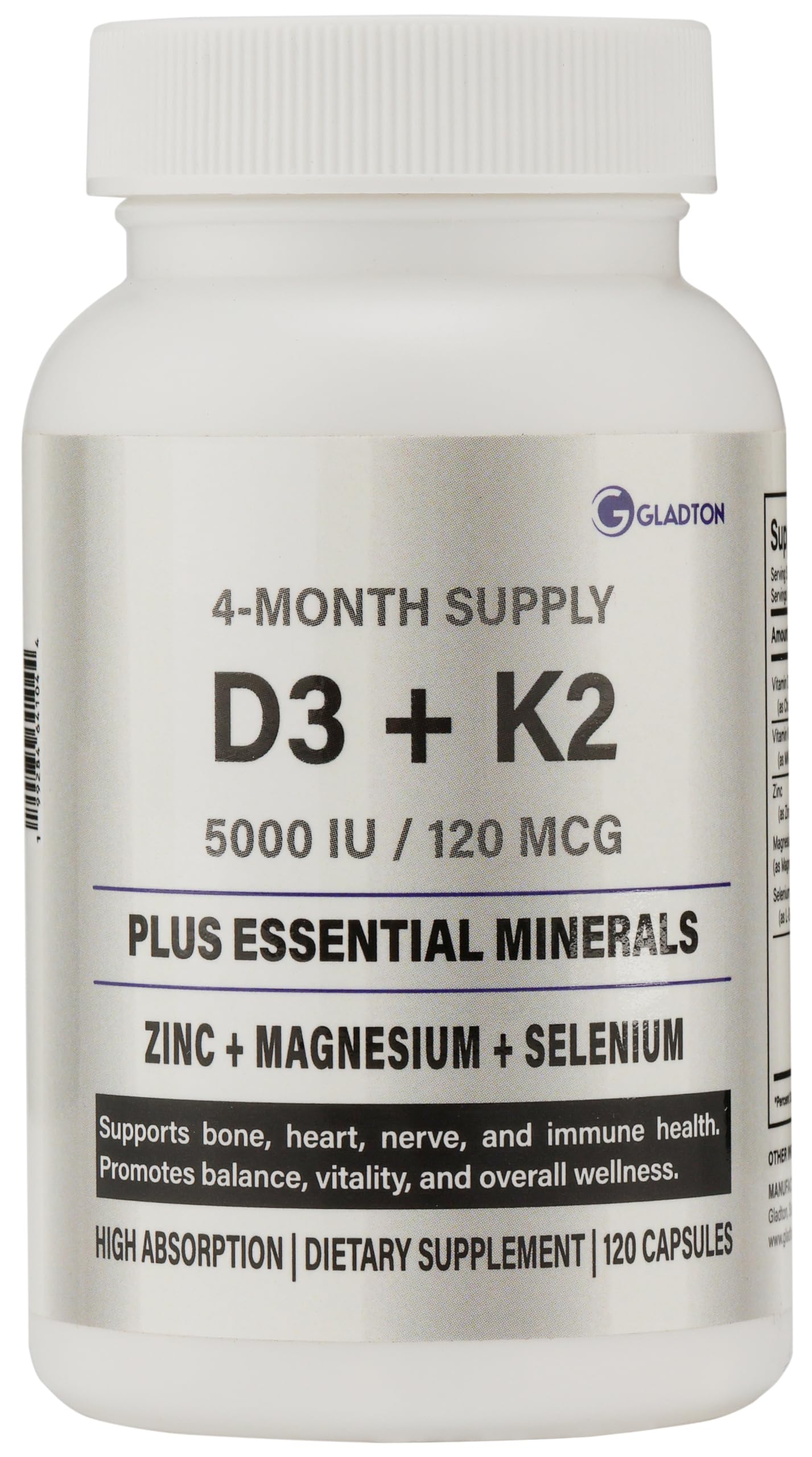 GLADTON Vitamin D3 + K2 Complex with Zinc, Magnesium & Selenium, 120 Capsules