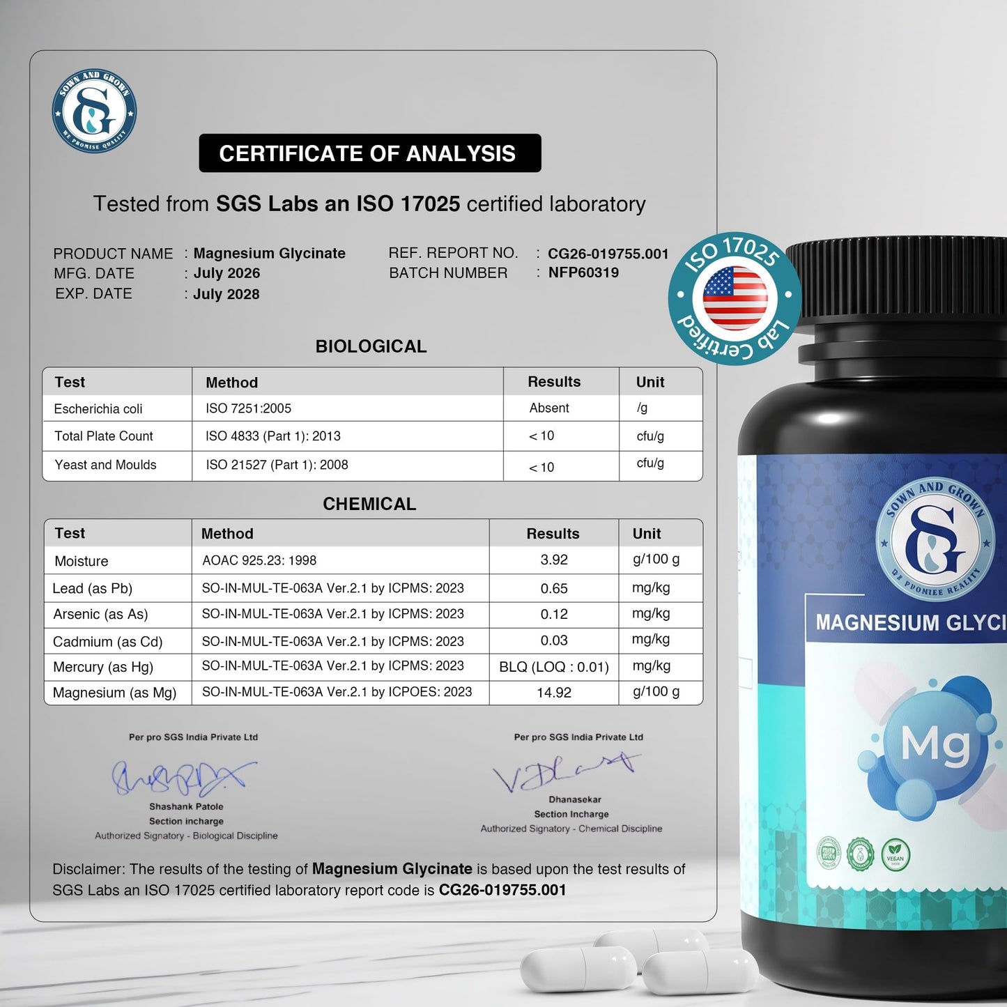 Sownandgrown Magnesium Glycinate Chelated Capsules, 180 Capsules