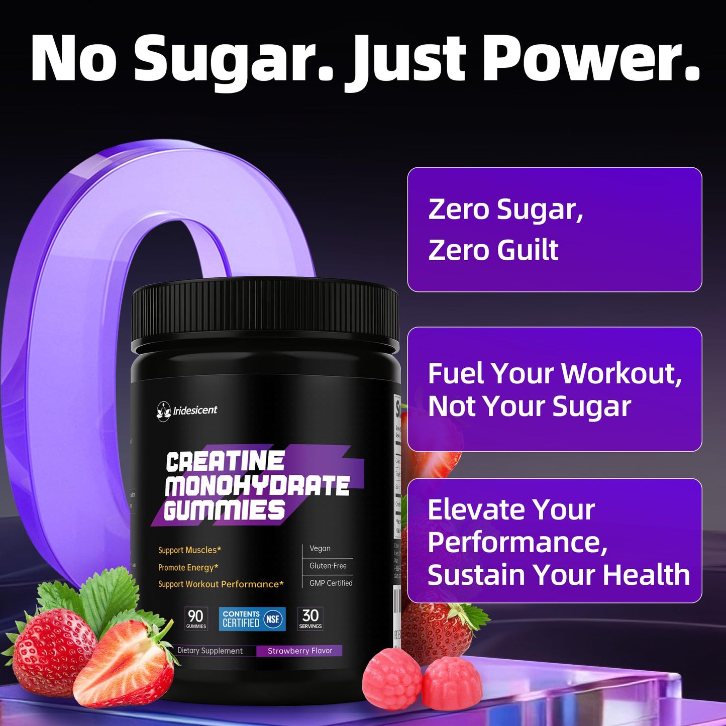 IRIDESICENT Creatine Gummies 5000mg – NSF Certified Creatine Monohydrate, Sugar Free, Vegan Chewables, 90 Count