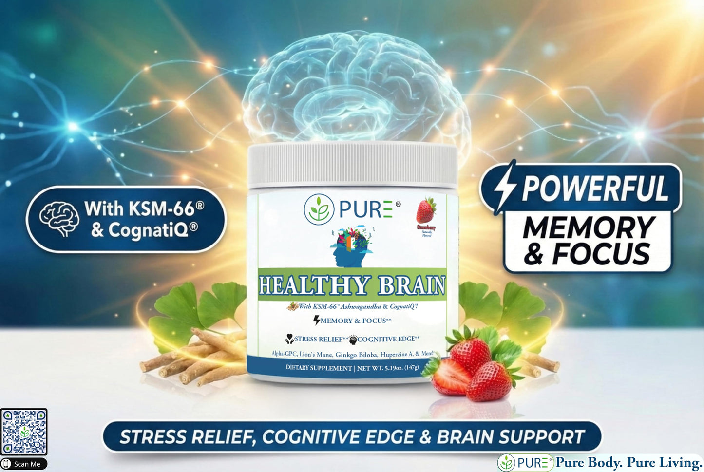 PURE Healthy Brain Nootropic Powder 5 oz