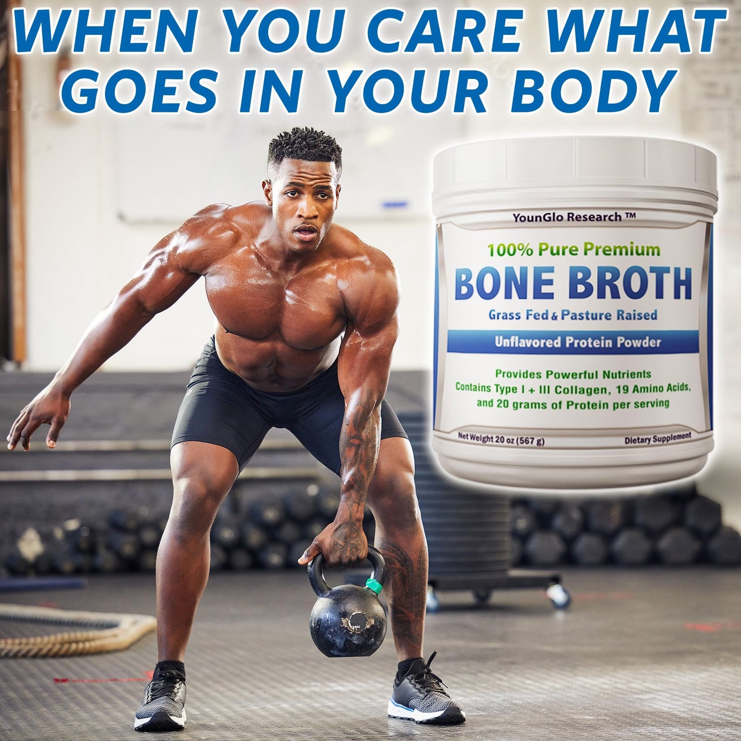 YounGlo Research Bone Broth Beef Protein Powder, 20 oz