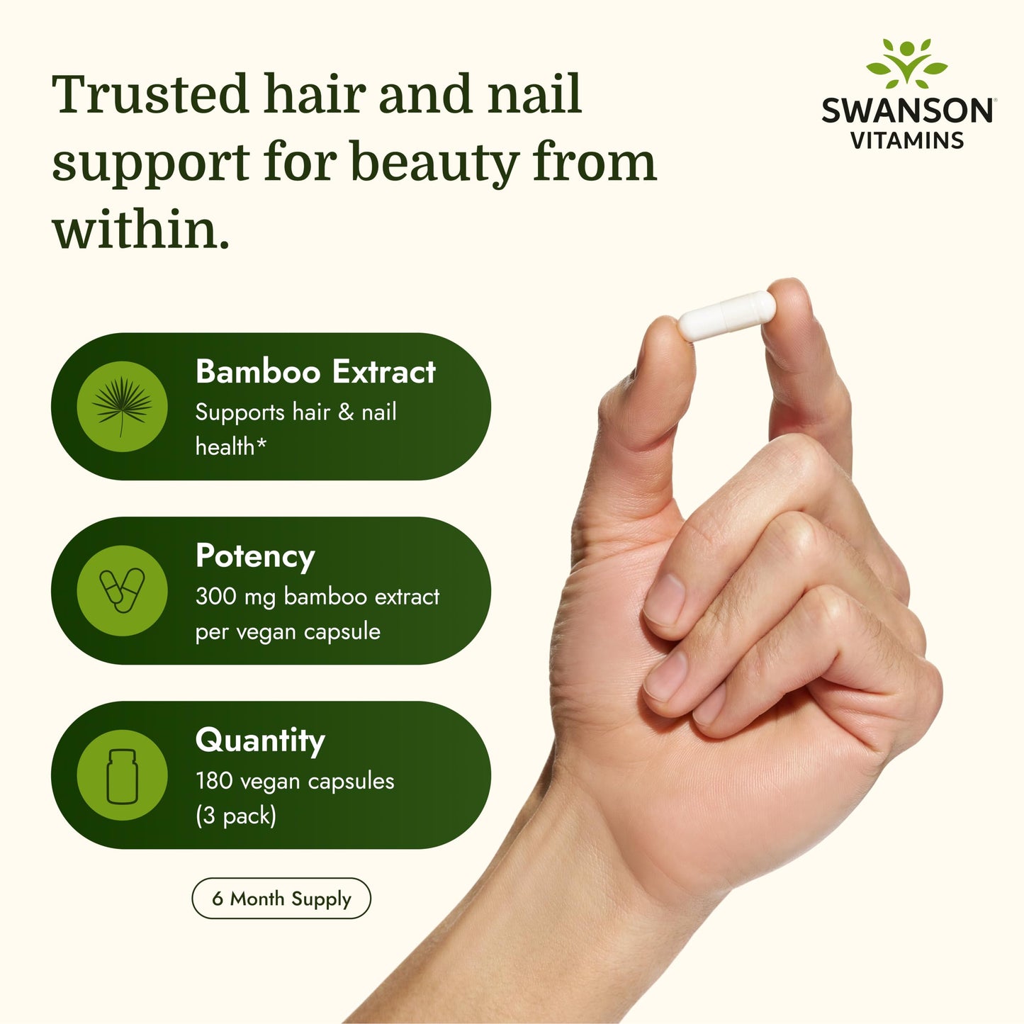 Swanson Bamboo Extract Natural Hair, Skin and Nails Supplement 70% Silica Content Supporting Collagen Formation & Bone Growth, 180 Capsules