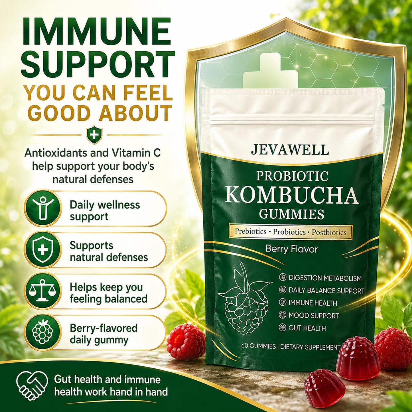 VivaMelhor Jevawell Kombucha Gummies Probiotic Digestive Health Supplement with Organic Prebiotics for Gut Health, Immune Boost, and Natural Energy – Vegan, Non-GMO, Gluten-Free, 120 Gummies (Pack of 2)