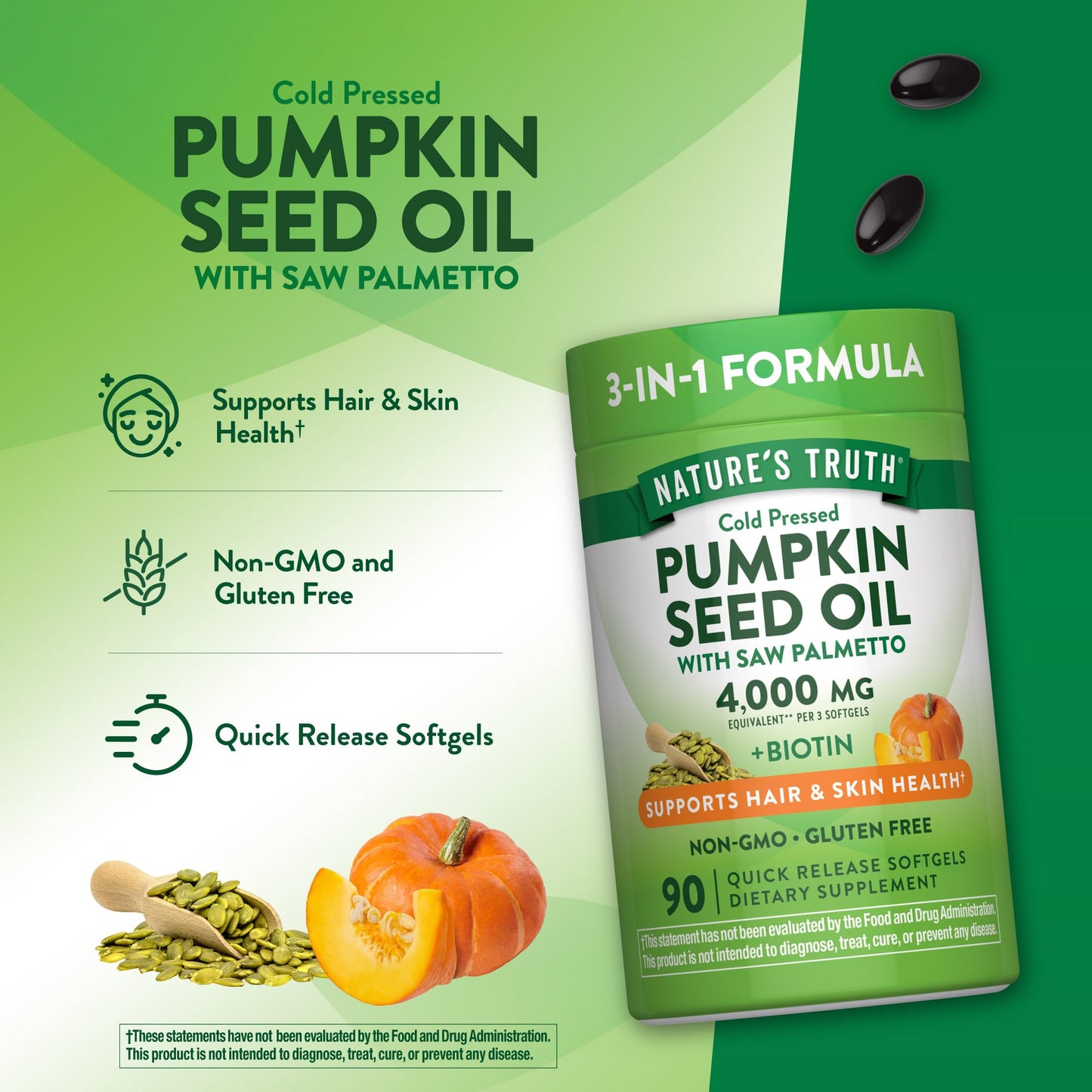 Nature's Truth Pumpkin Seed Oil Softgel 90 Count with Saw Palmetto & Biotin
