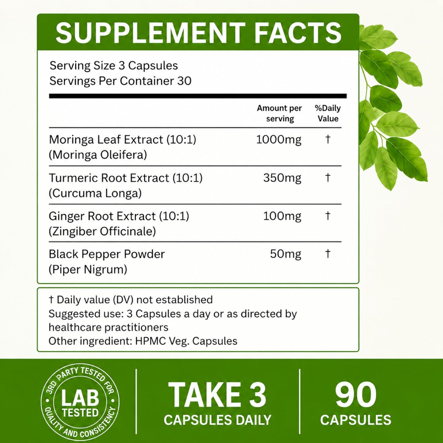 AlturaWise Moringa Capsules - Pure Moringa Oleifera Powder with Turmeric, Ginger & Black Pepper, 90 Capsules