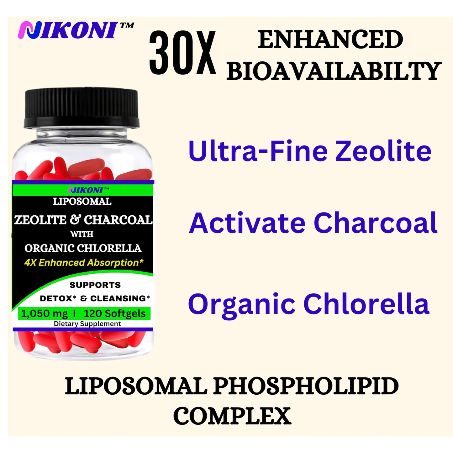 Nikoni Liposomal Zeolite, Activated Charcoal & Organic Chlorella Detox Softgels, 240 Count