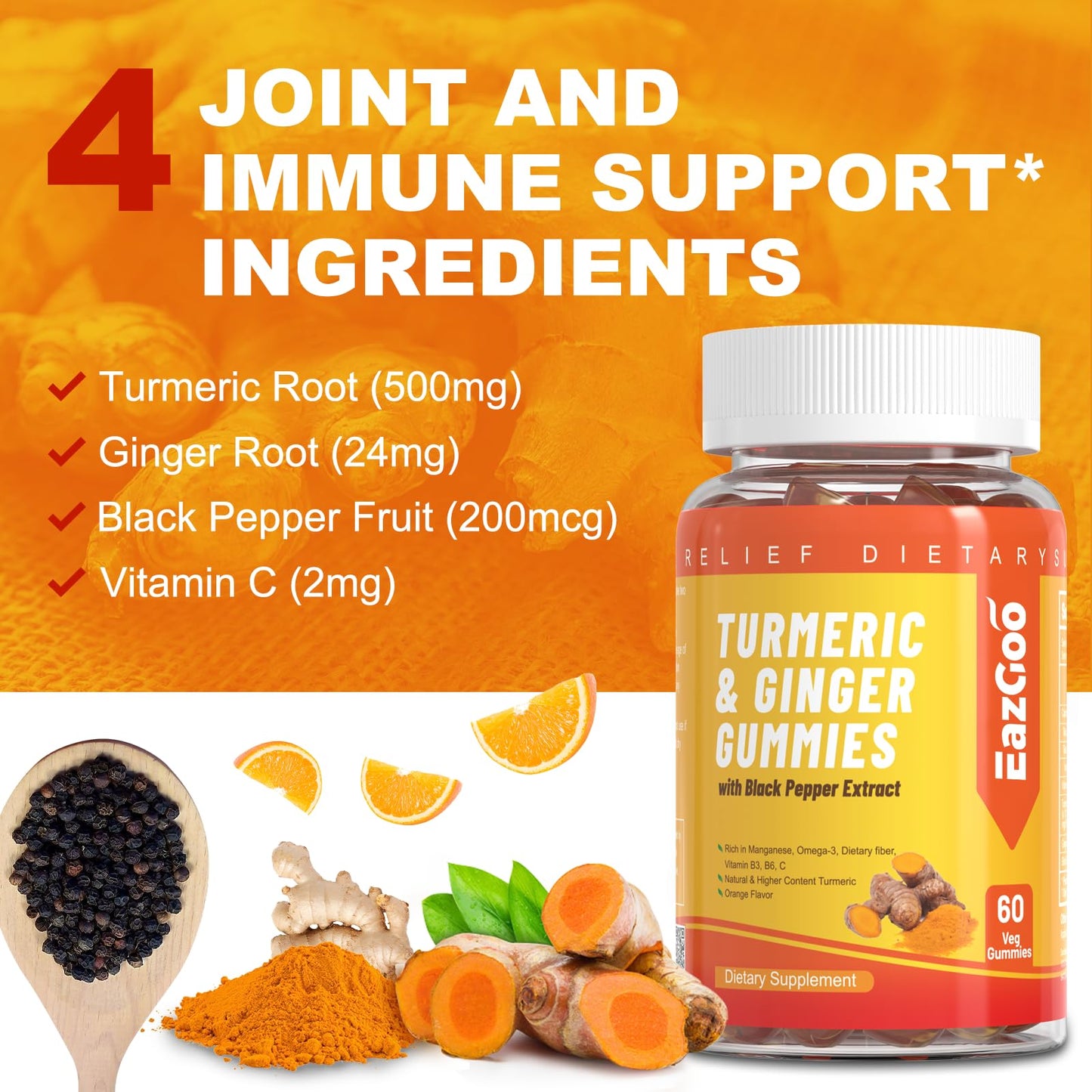 EAZGOO Turmeric Curcumin Gummies 500mg, 60 Count