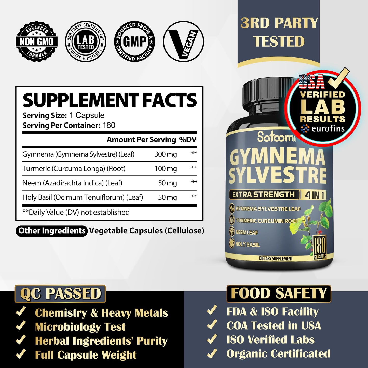 Satoomi Pure Gymnema Sylvestre Capsules Extract, 180 Capsules