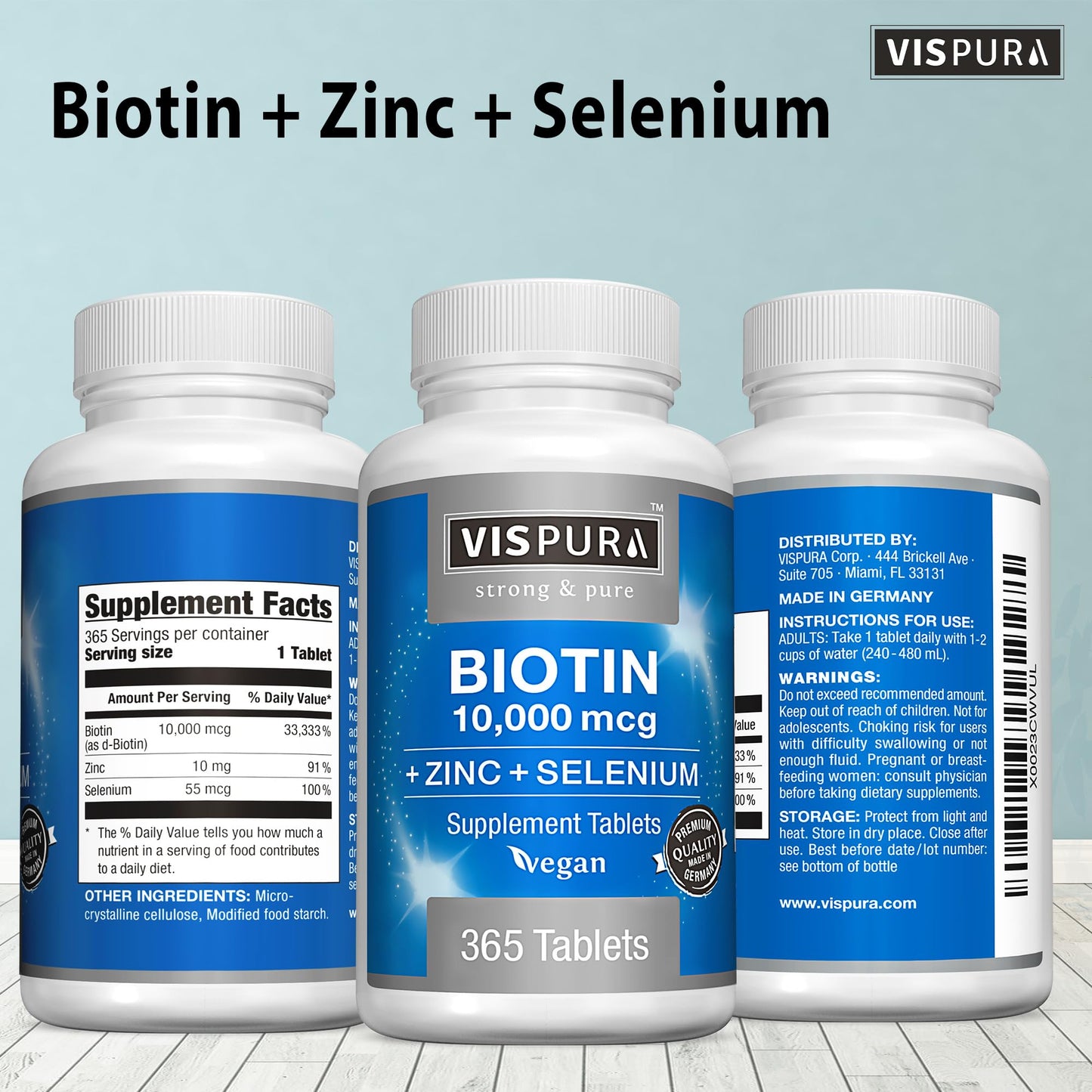 VISPURA Biotin 10000 mcg + Zinc + Selenium, 365 Tablets