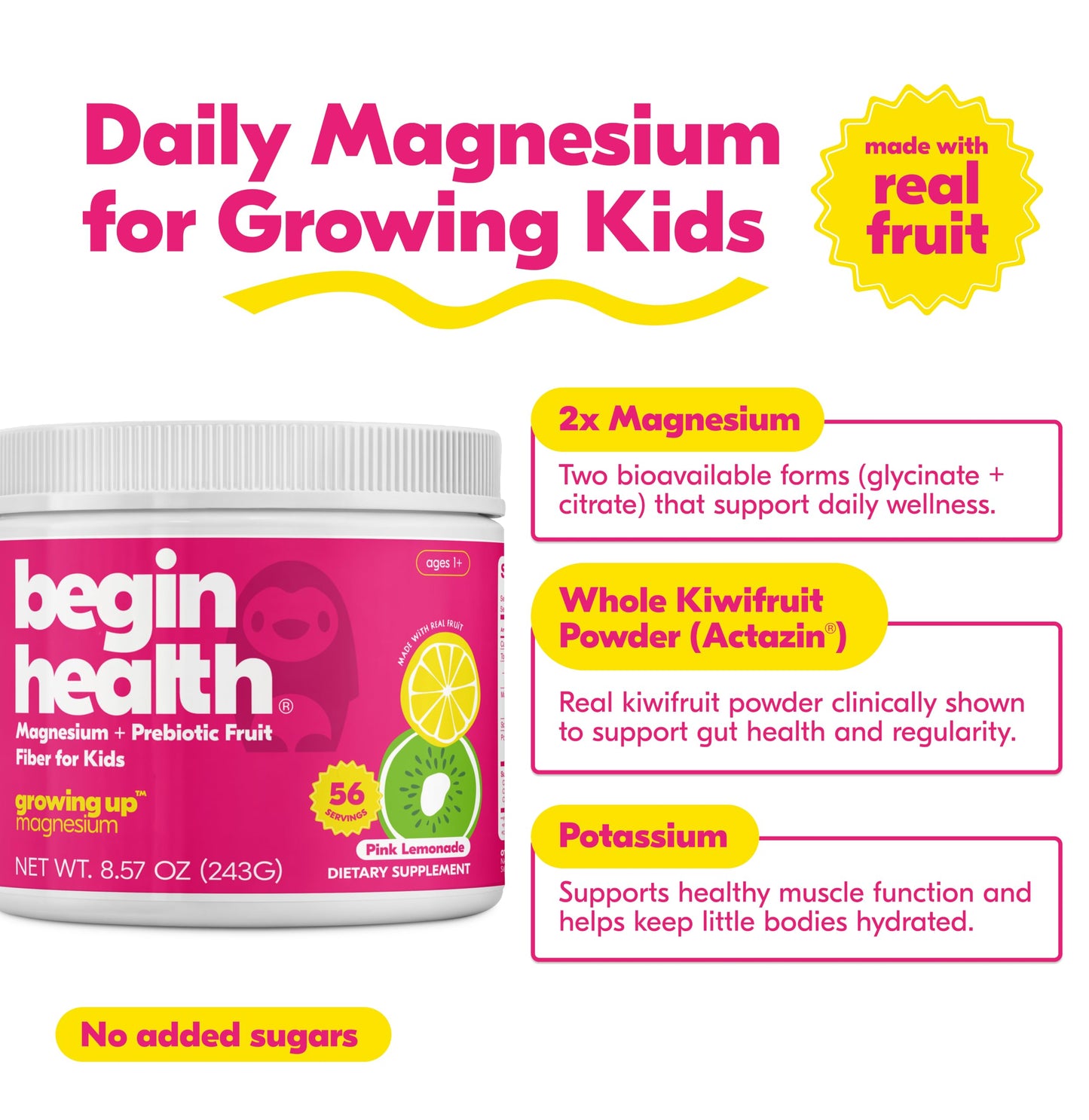 Begin Health Daily Growing Up Magnesium Drink for Kids Powder 56 Servings