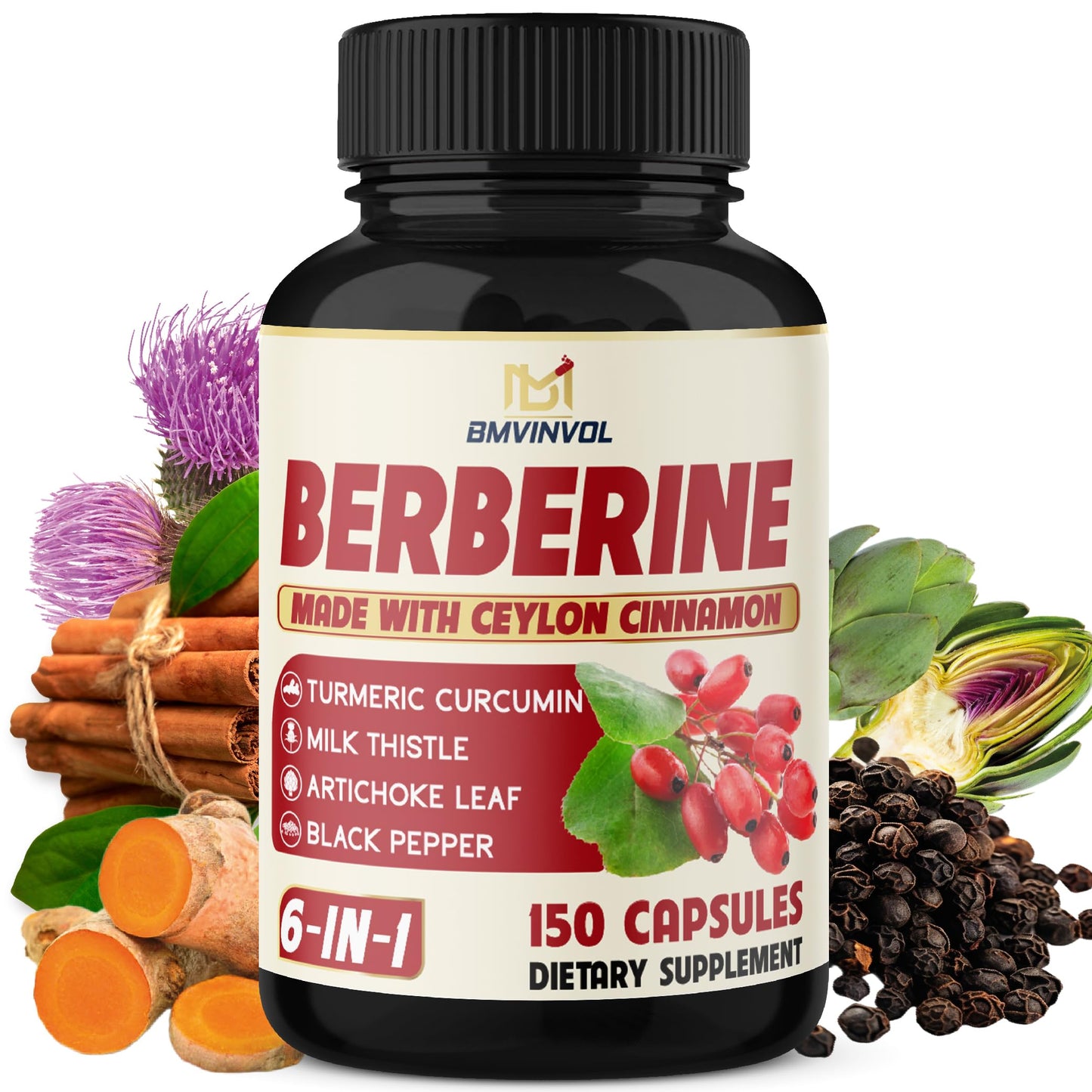 BMVINVOL Berberine with Ceylon Cinnamon, Turmeric, Milk Thistle, Artichoke, Black Pepper 150 Capsules