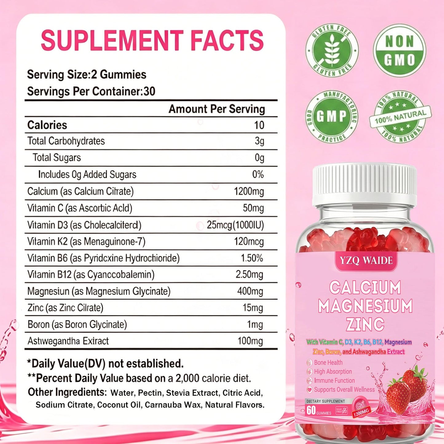YZQ WAIDE Calcium Magnesium Zinc Gummies with Vitamin C, B6, D3, B12 High Absorption Calcium 1200 mg, Sugar Free, 60 Gummies