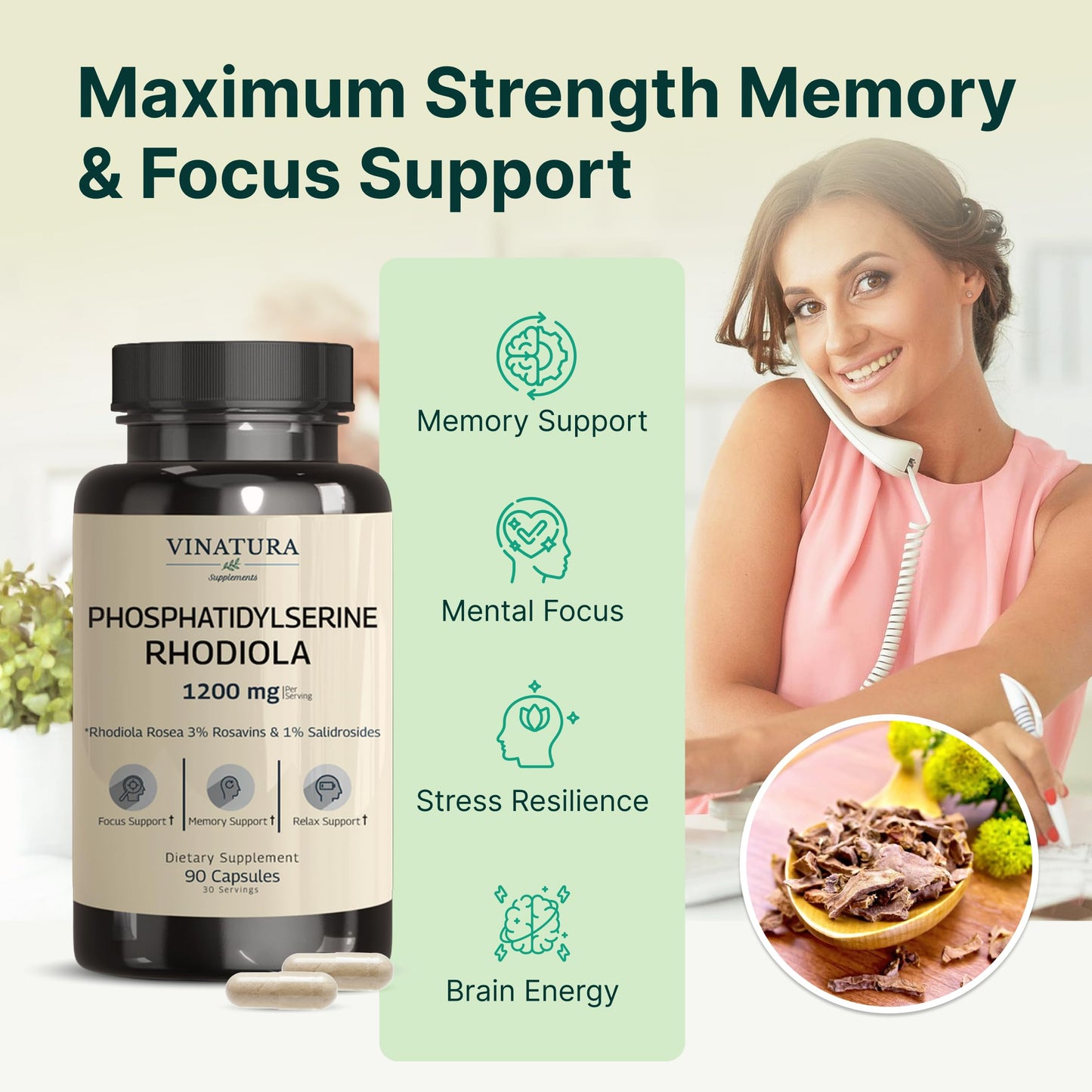 VINATURA PhosphatidylSerine 1200mg with Rhodiola Rosea Capsule 90 Count