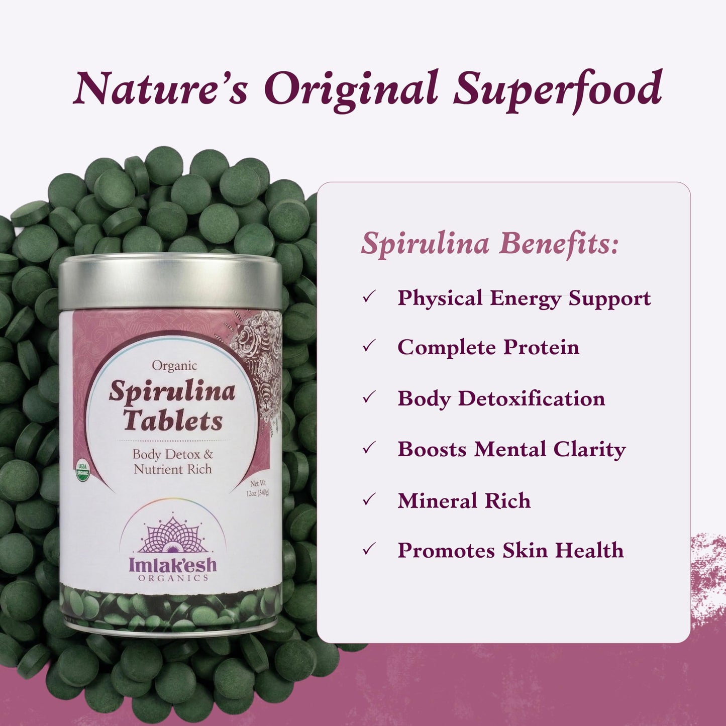 Imlak'esh Organics Spirulina Tablets, 12 Tablets