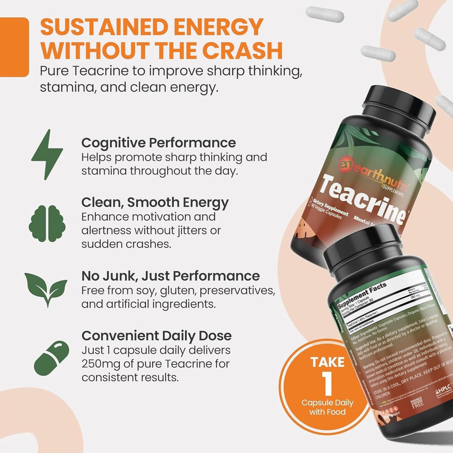 EarthNutri Theacrine Energy and Focus Supplement Capsules, 90 Capsules