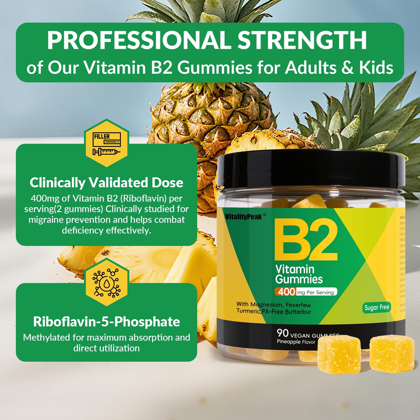 VitalityPeak Riboflavin Vitamin B2 Gummies 400mg, 90 Count