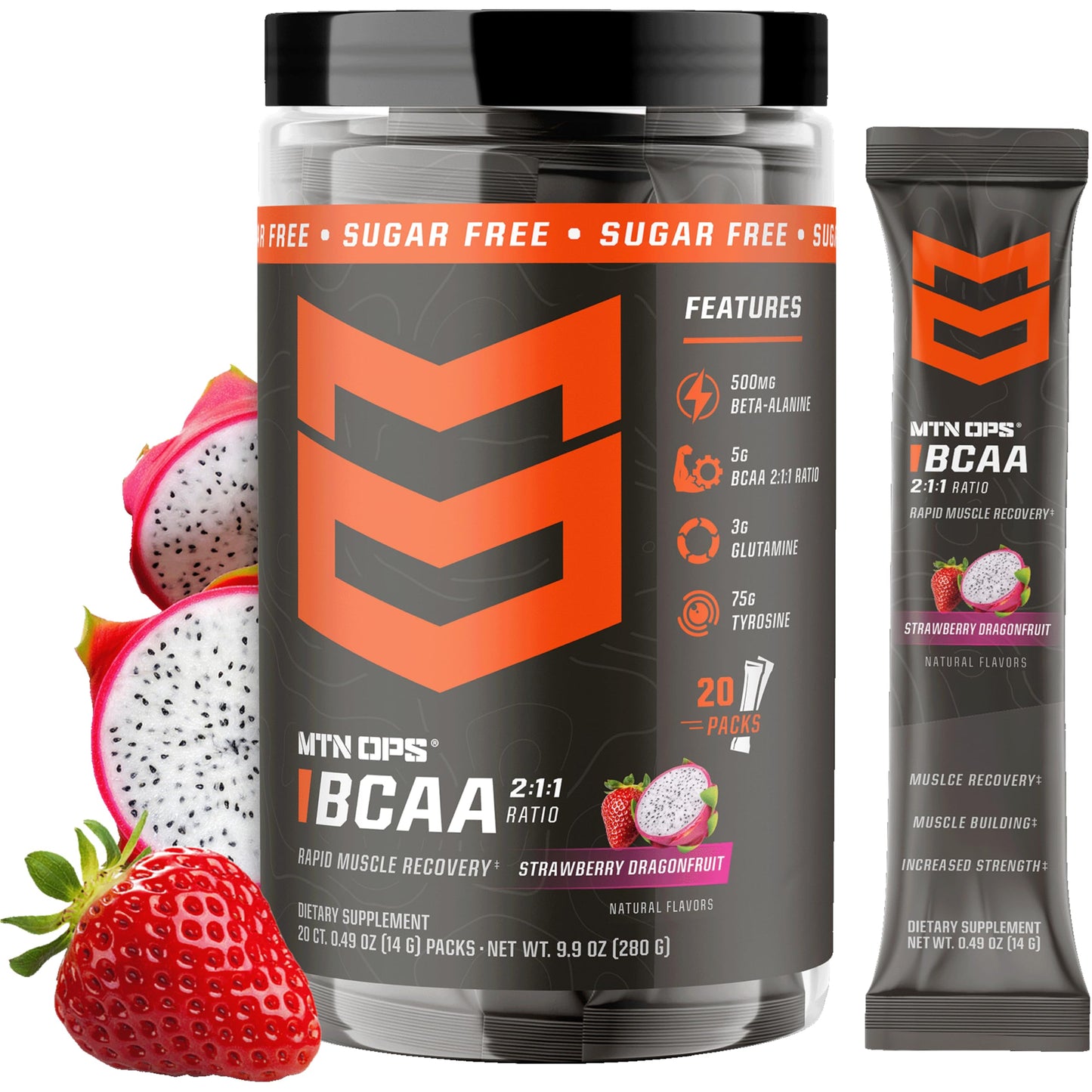 MTN OPS BCAA Trail Packs for Muscle Recovery Strawberry Dragonfruit Powder 9.4