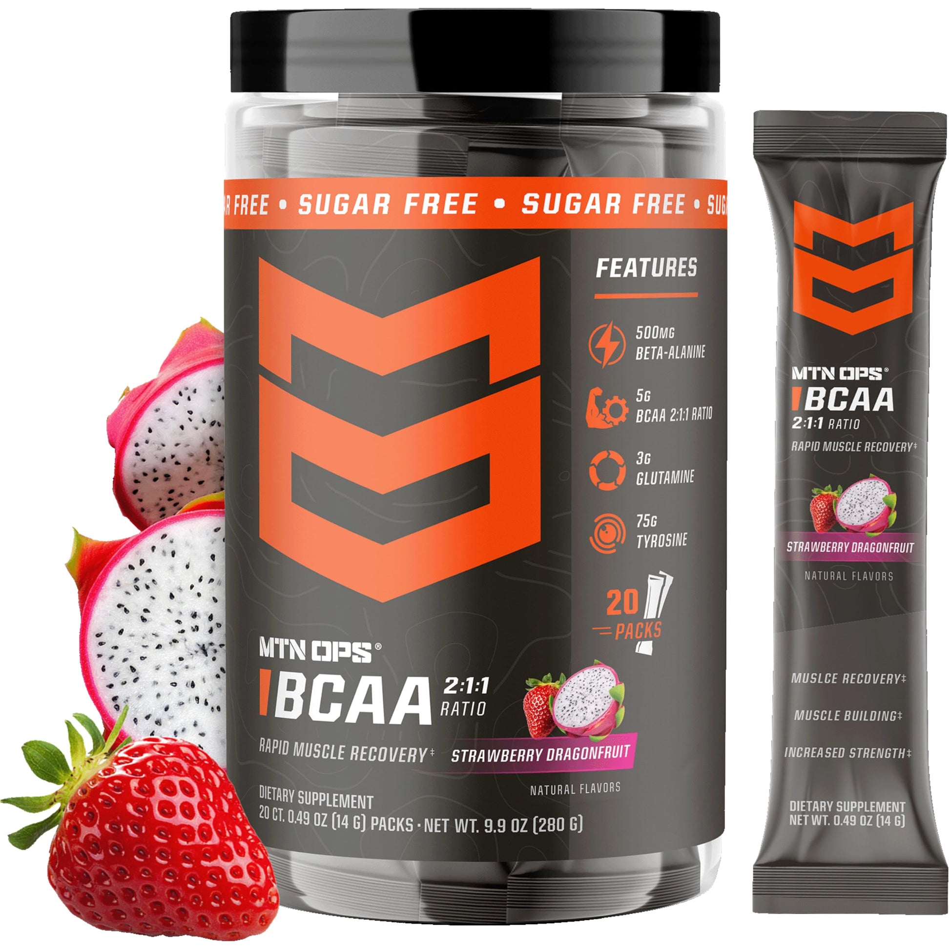 MTN OPS BCAA Trail Packs for Muscle Recovery Strawberry Dragonfruit Powder 9.4