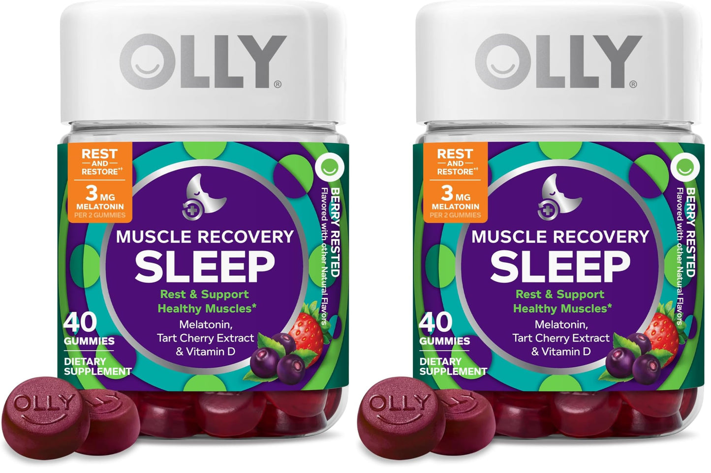 OLLY Muscle Recovery Sleep Gummies, Sleep and Sore Muscle Support, 3mg Melatonin, Tart Cherry, Vitamin D, Berry Flavor, 80 Gummies