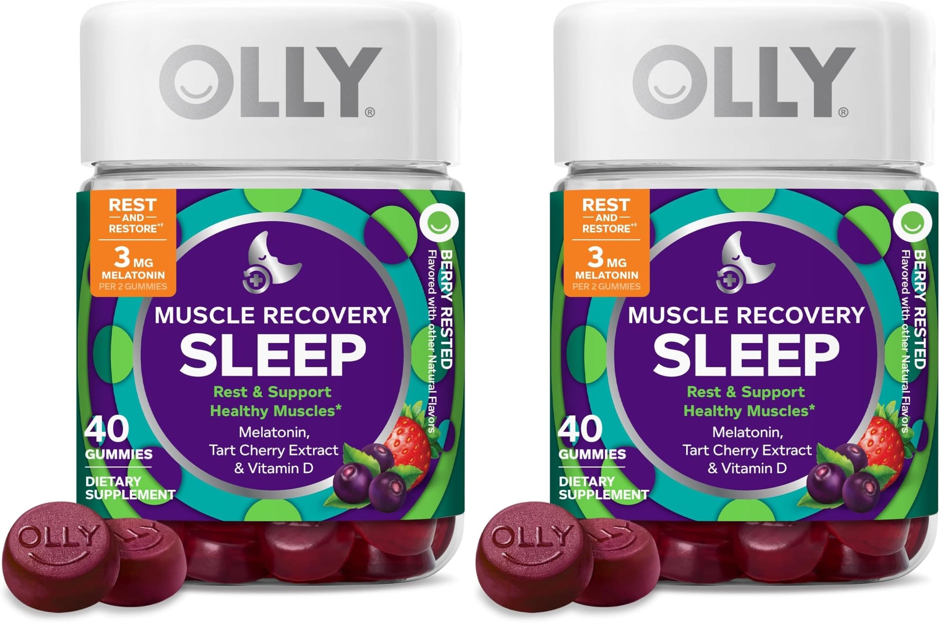 OLLY Muscle Recovery Sleep Gummies, Sleep and Sore Muscle Support, 3mg Melatonin, Tart Cherry, Vitamin D, Berry Flavor, 80 Gummies
