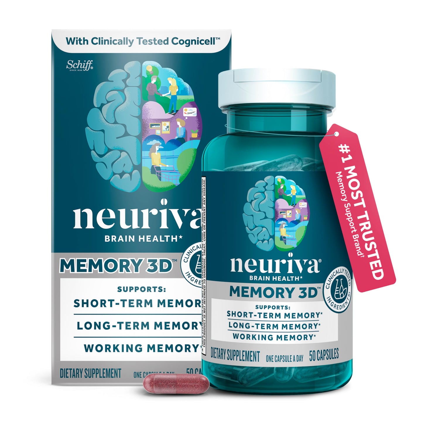 NEURIVA Memory 3D Brain Supplements, 50 Capsules