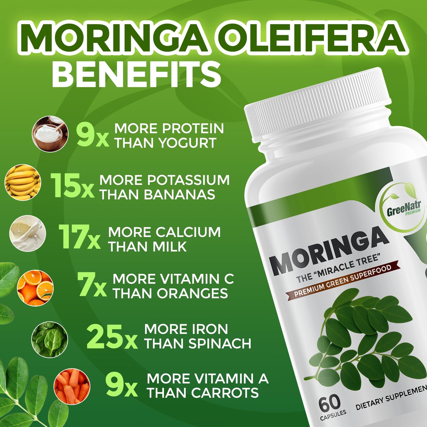 GreeNatr Pure Moringa Oleifera Leaf Extract Capsules 180 Capsules