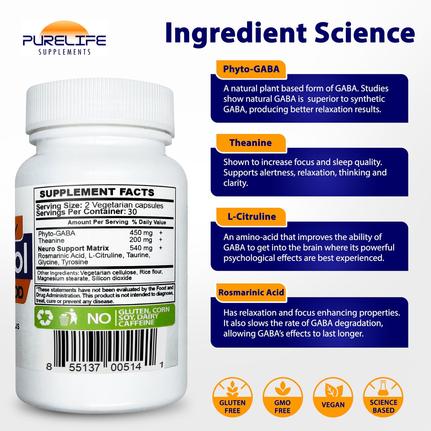 PureLife Supplements Gabatrol Daily Plant Based GABA Capsule, 60 Count