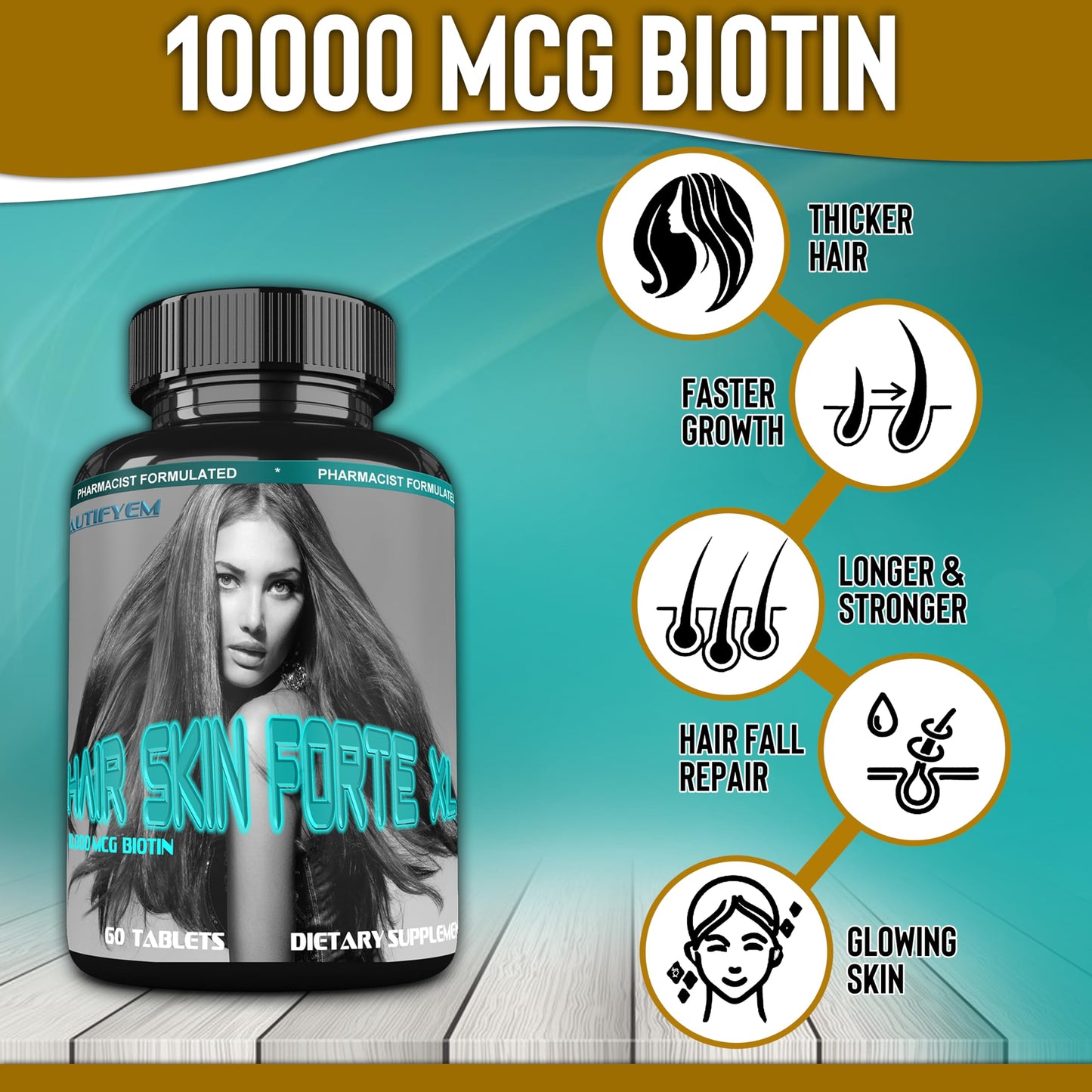 BEAUTIFYEM Hair Skin Forte XL Hair & Skin Growth Complex 10,000 mcg Biotin + Collagen Peptides Promotes Thicker, Stronger, Healthier Hair & Radiant Skin 60 Tablets