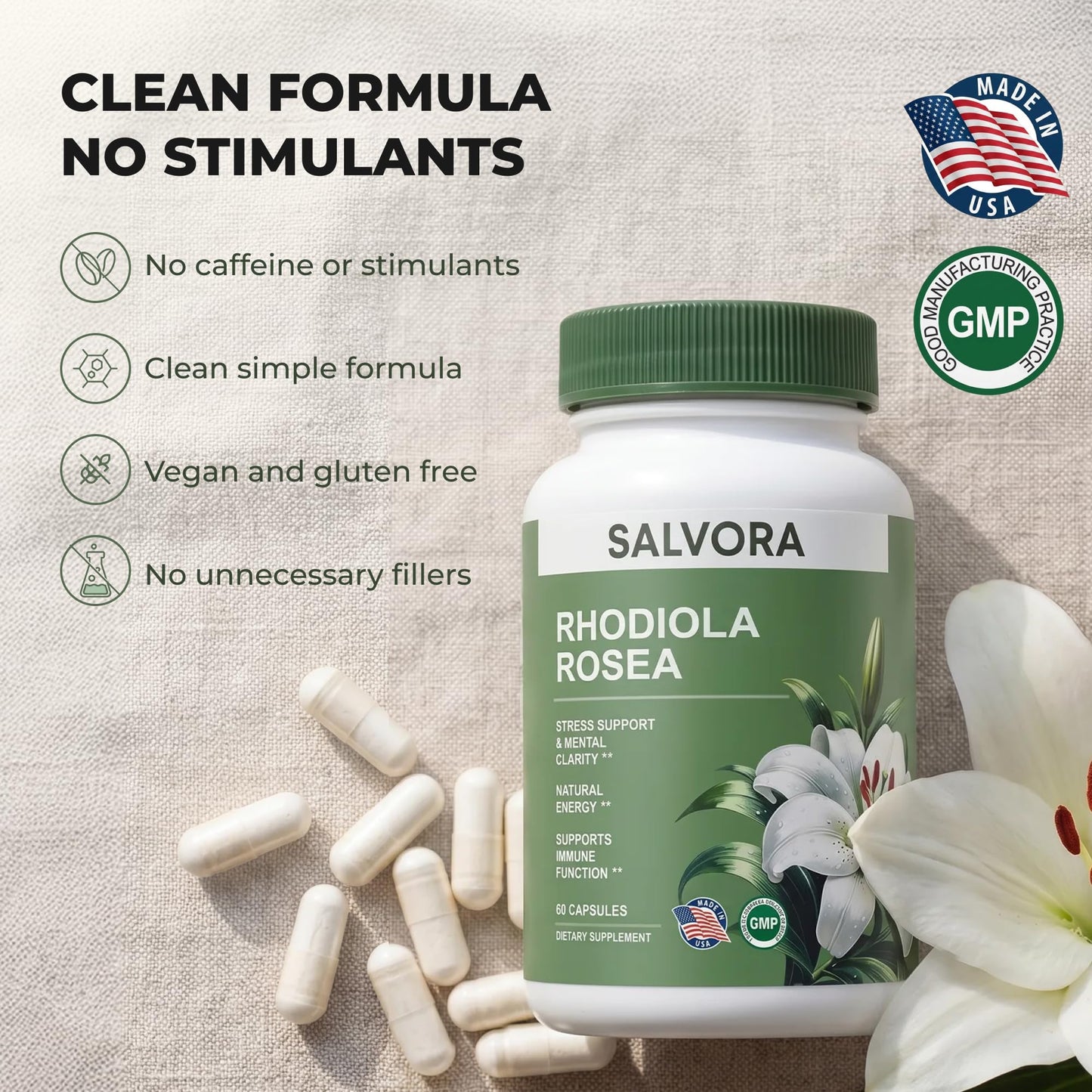 Salvora Rhodiola Rosea Supplement Capsules 60