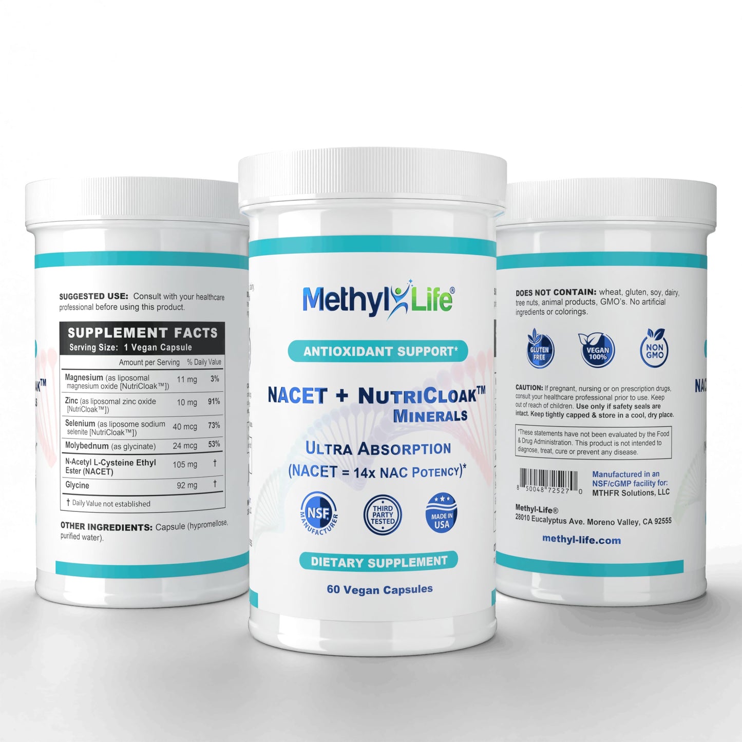 Methyl-Life NACET + NutriCloak Minerals – Liposomal Magnesium, Zinc & Selenium and Key cofactors Molybdenum and Glycine, 60 Capsules