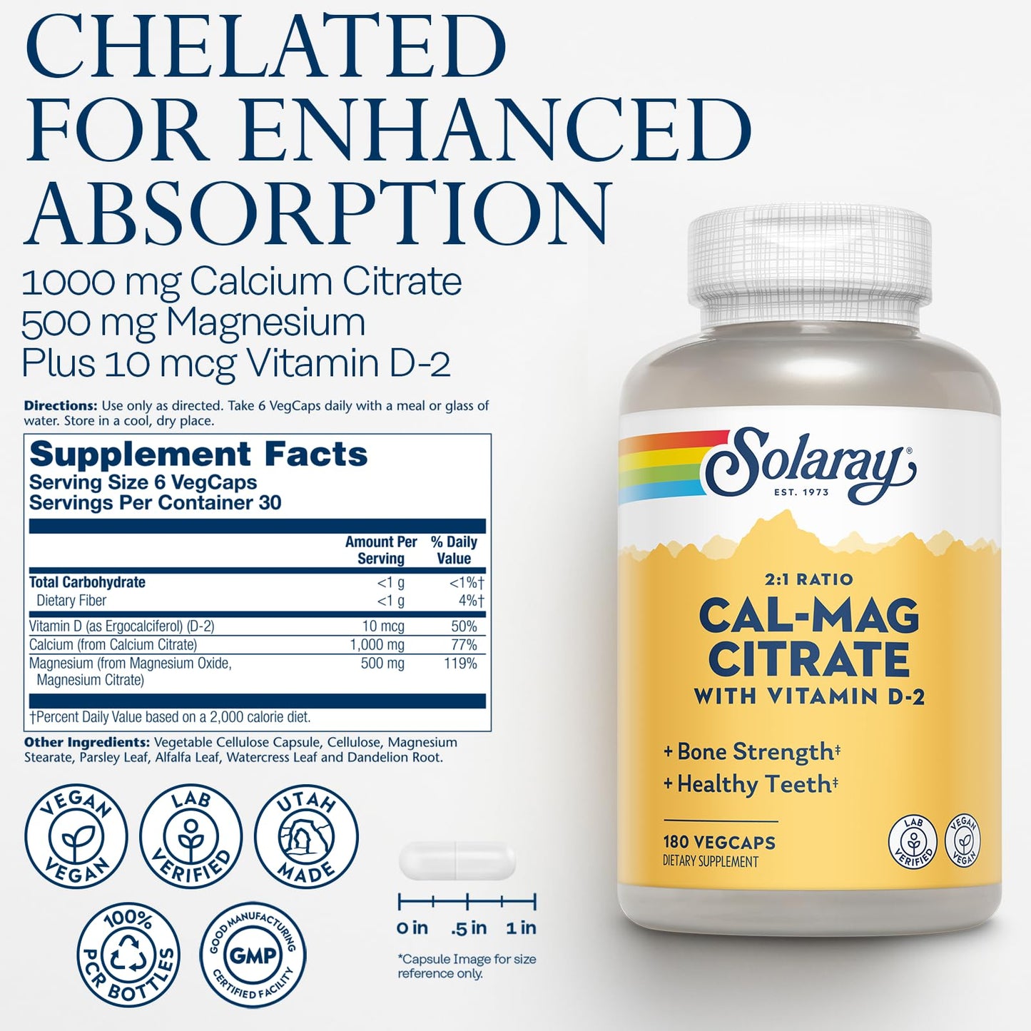 Solaray Calcium Magnesium Citrate 2:1 Ratio, Capsule, 180 VegCaps