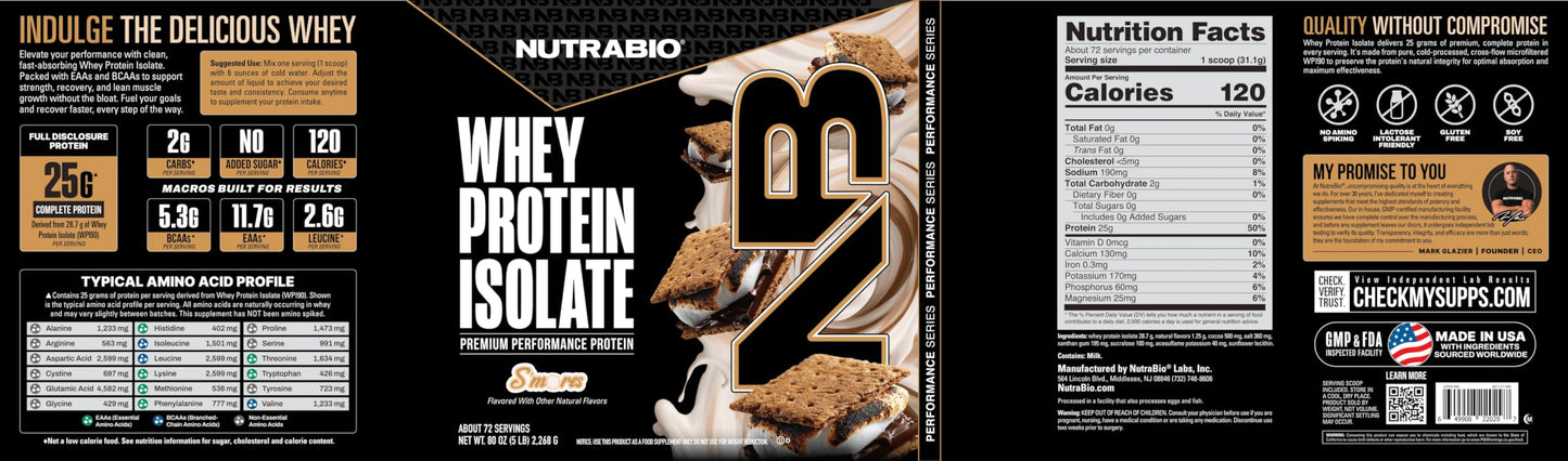 NutraBio 100% Whey Protein Isolate Powder, 80 Servings