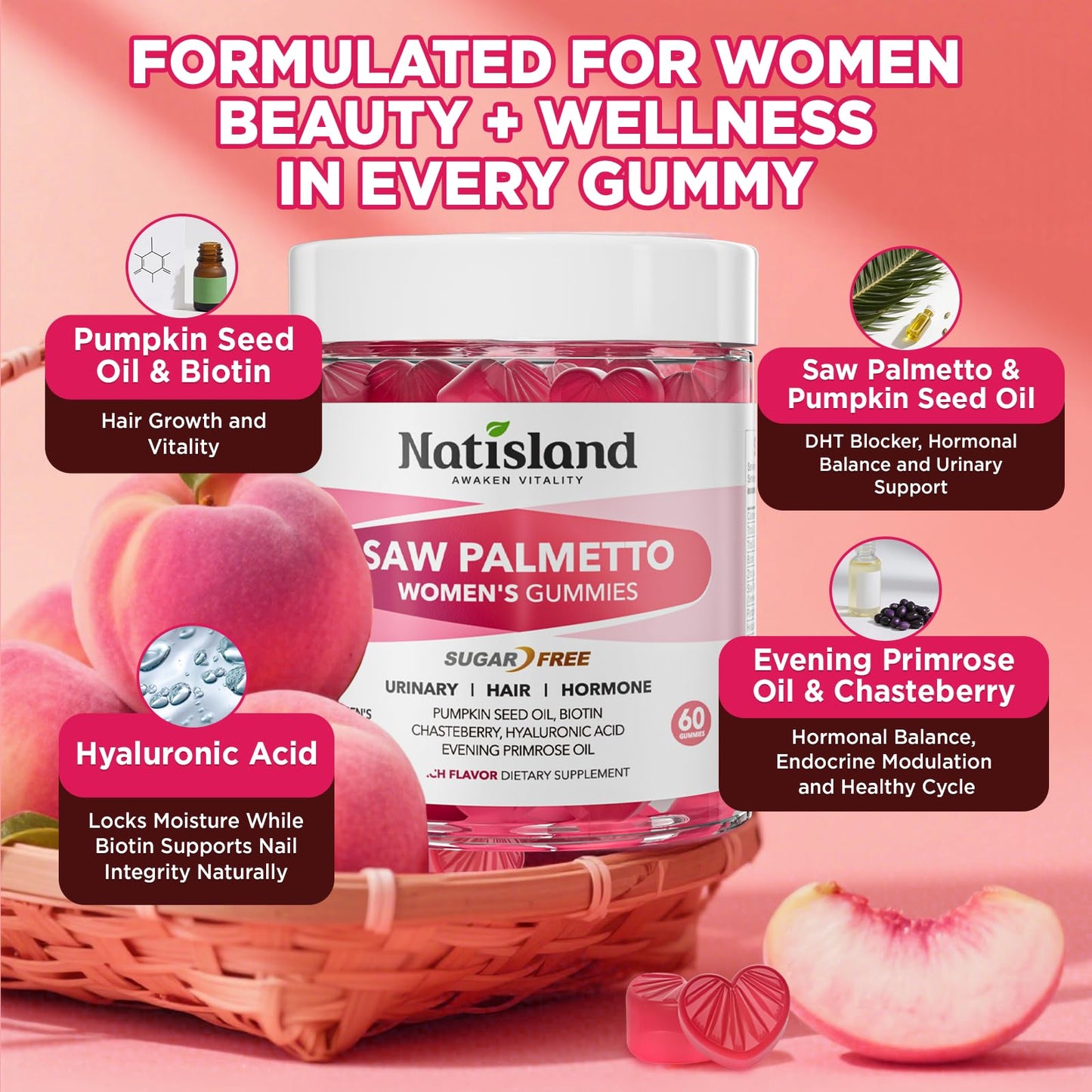 NATISLAND Saw Palmetto for Women Gummies 120 Gummies