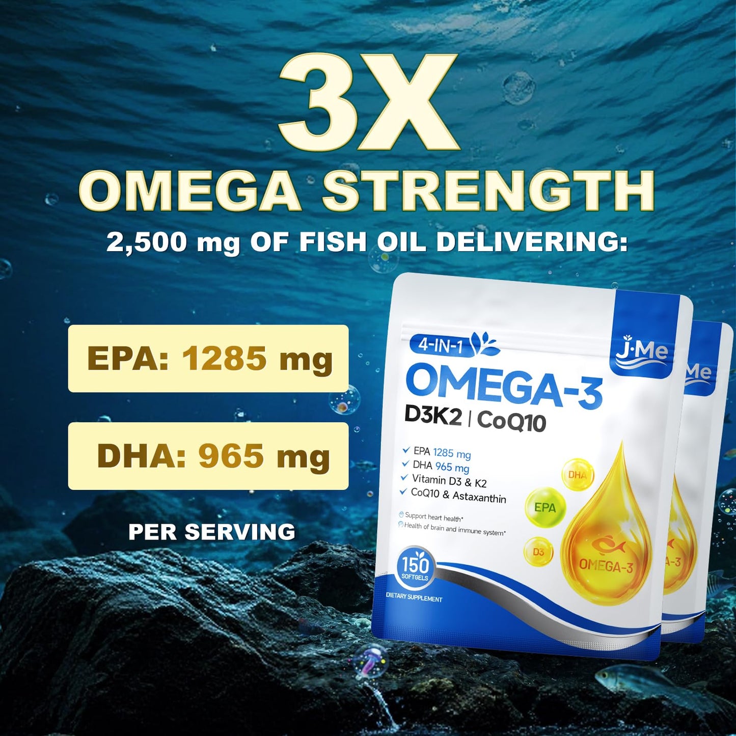 JME Omega-3 Fish Oil Softgels 2500mg EPA/DHA + Vitamin D3 K2, CoQ10 & Astaxanthin, Lemon Flavor, 300 Softgels
