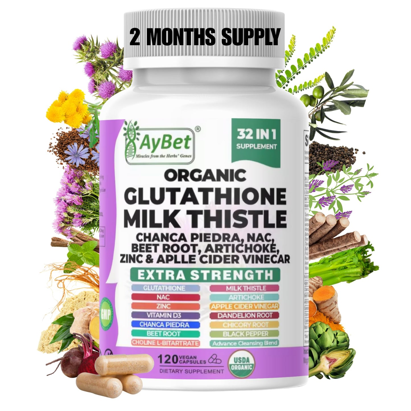 AyBet Glutathione NAC Milk Thistle Supplement Capsule 120 Count