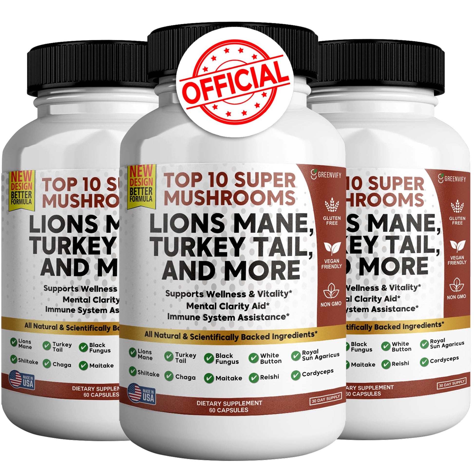GREENVIFY Lions Mane 10 Super Mushrooms Supplement Capsule, 180 Count