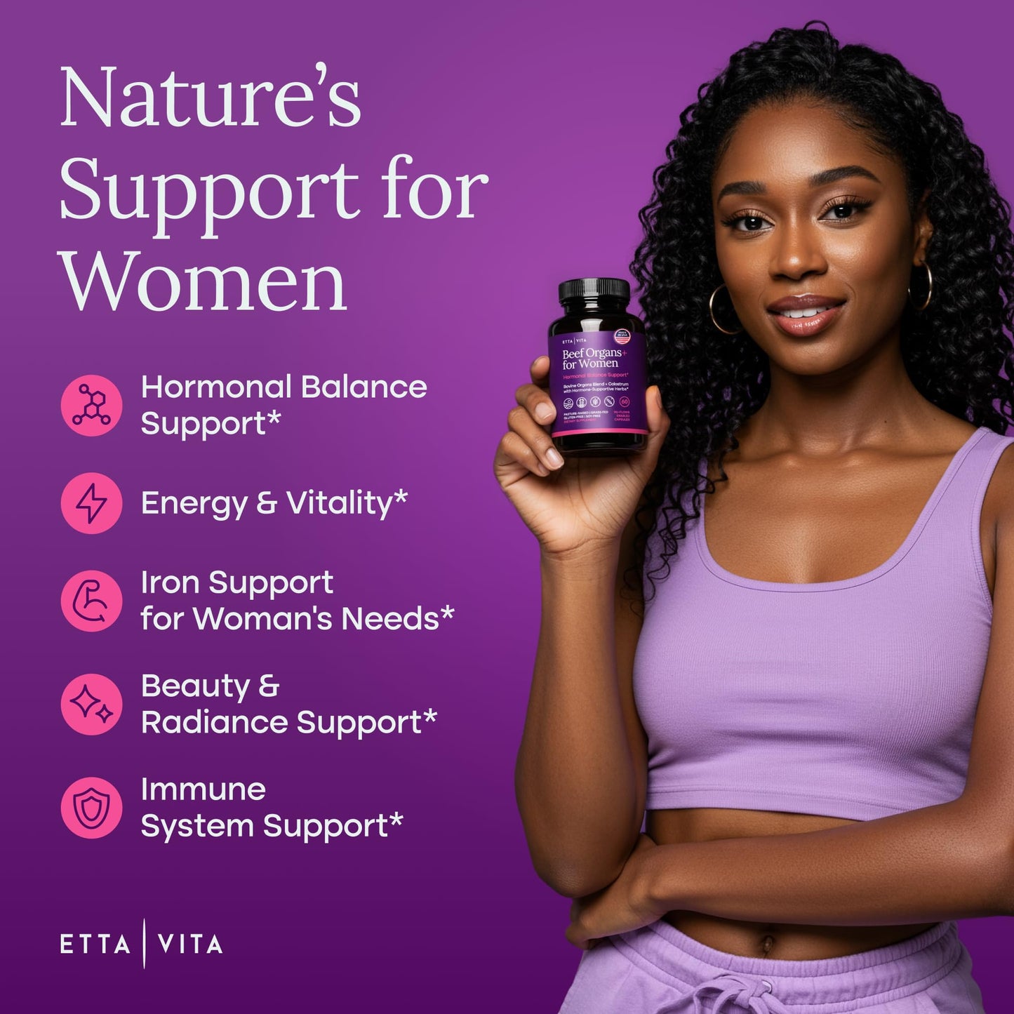 Etta Vita Primal Beef Organ Supplement for Women with Grass-Fed/Finished Ovary, Uterus, Liver, Kidney, Heart, Bone Matrix, Colostrum, Maca, Ashwagandha, Shatavari & Chasteberry - Energy Support, 60 Capsules