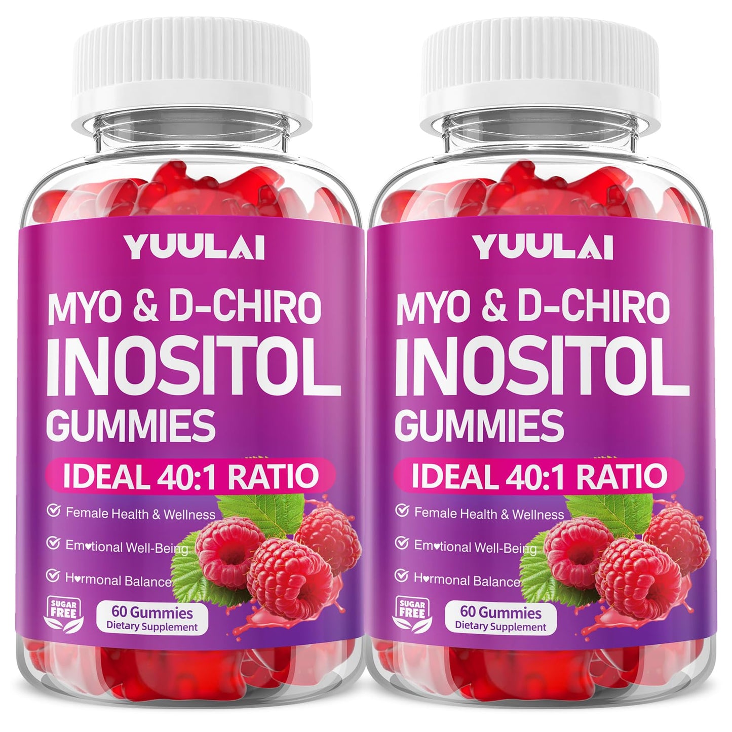 YUULAI Myo-Inositol & D-Chiro Inositol Gummies, 40:1 Ratio with Vitamin D3, Magnesium Glycinate, Folate & Zinc, Raspberry Flavor, 120 Gummies