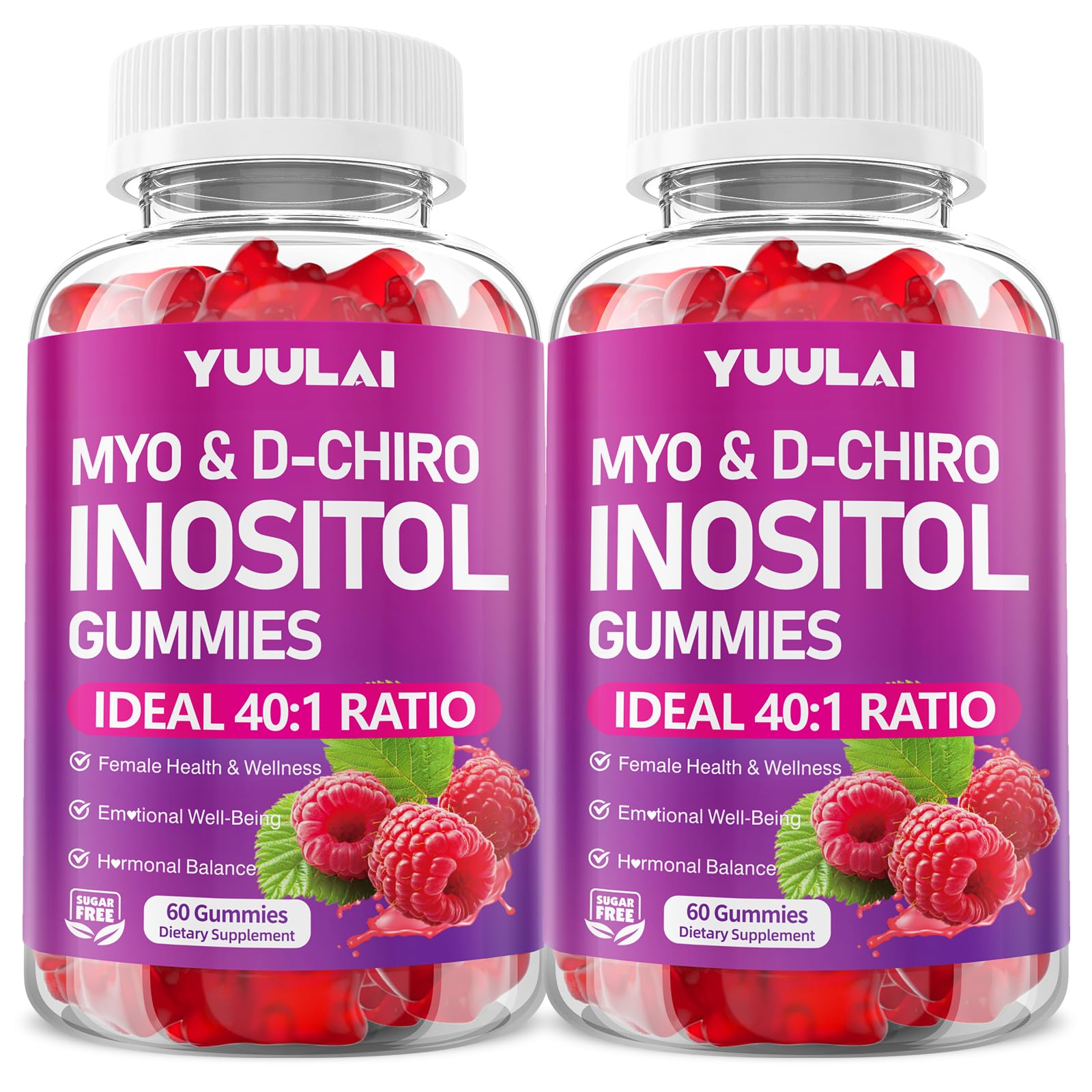 YUULAI Myo-Inositol & D-Chiro Inositol Gummies, 40:1 Ratio with Vitamin D3, Magnesium Glycinate, Folate & Zinc, Raspberry Flavor, 120 Gummies