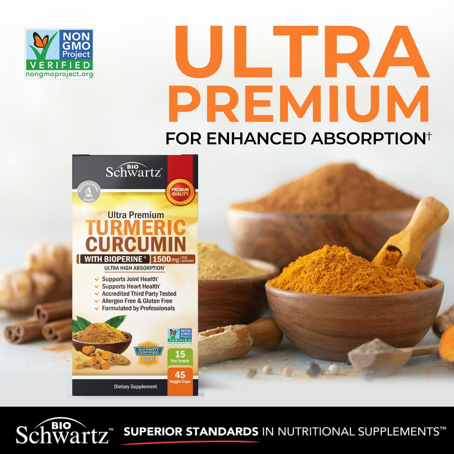 BioSchwartz Turmeric Curcumin with Black Pepper Extract 1500mg Capsules, 45 Count