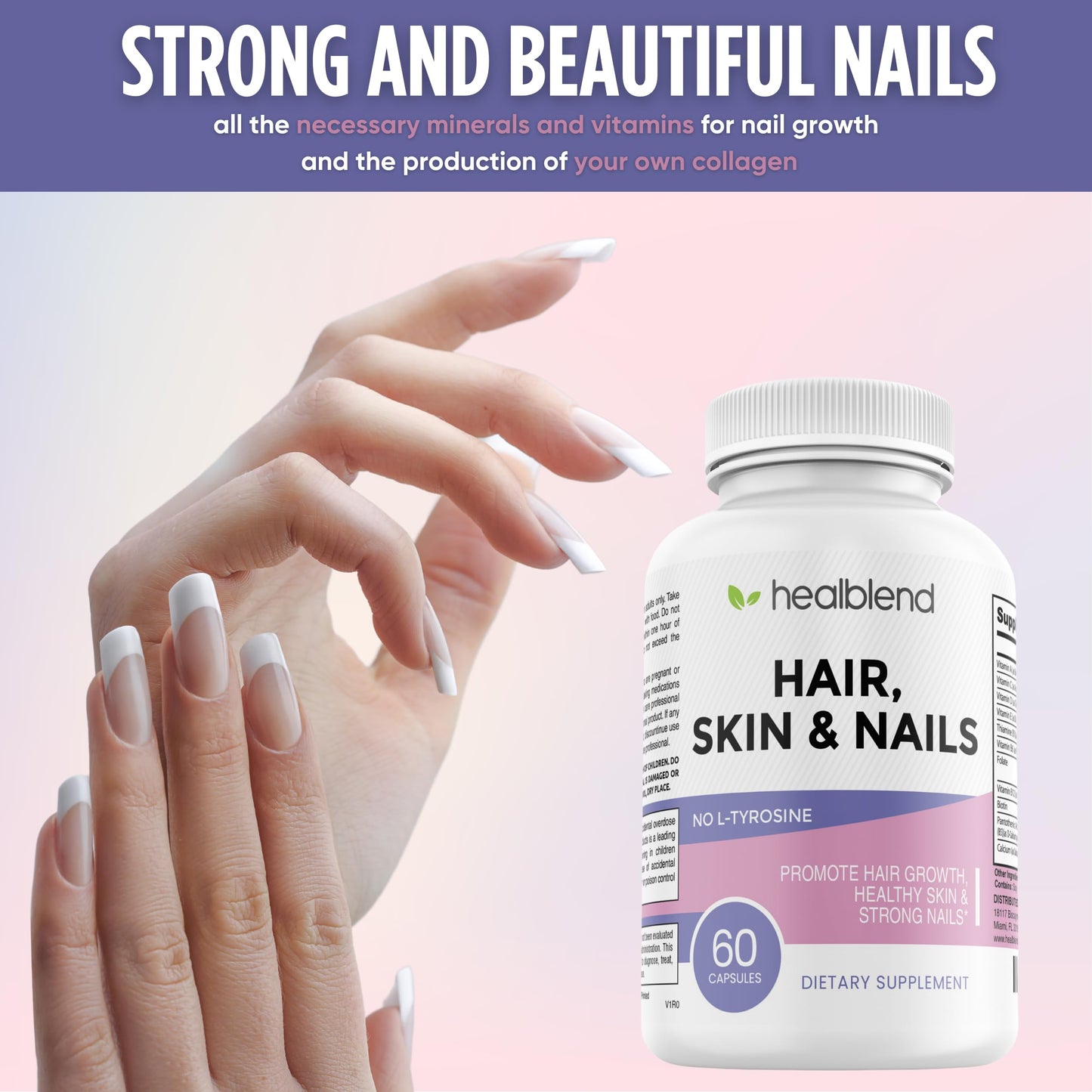 Healblend Hair Skin and Nails Vitamins for Women with Biotin 5000 mcg, Iron and Manganese, Vegan, Non-GMO, 60 Capsules