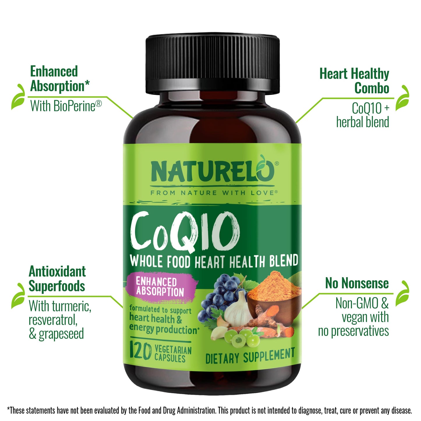 NATURELO Whole Food CoQ10 with Heart Health Blend, 240 Capsules