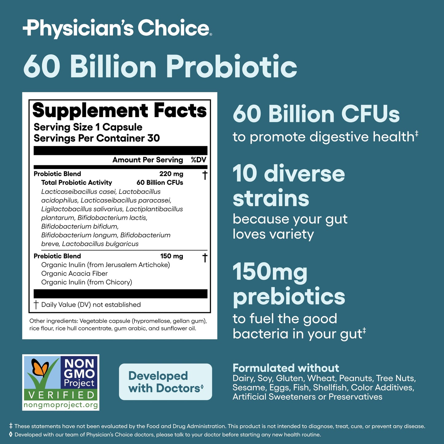 Physician's CHOICE Probiotics 60 Billion CFU - 10 Strains + Organic Prebiotics, Capsule, 30 Count