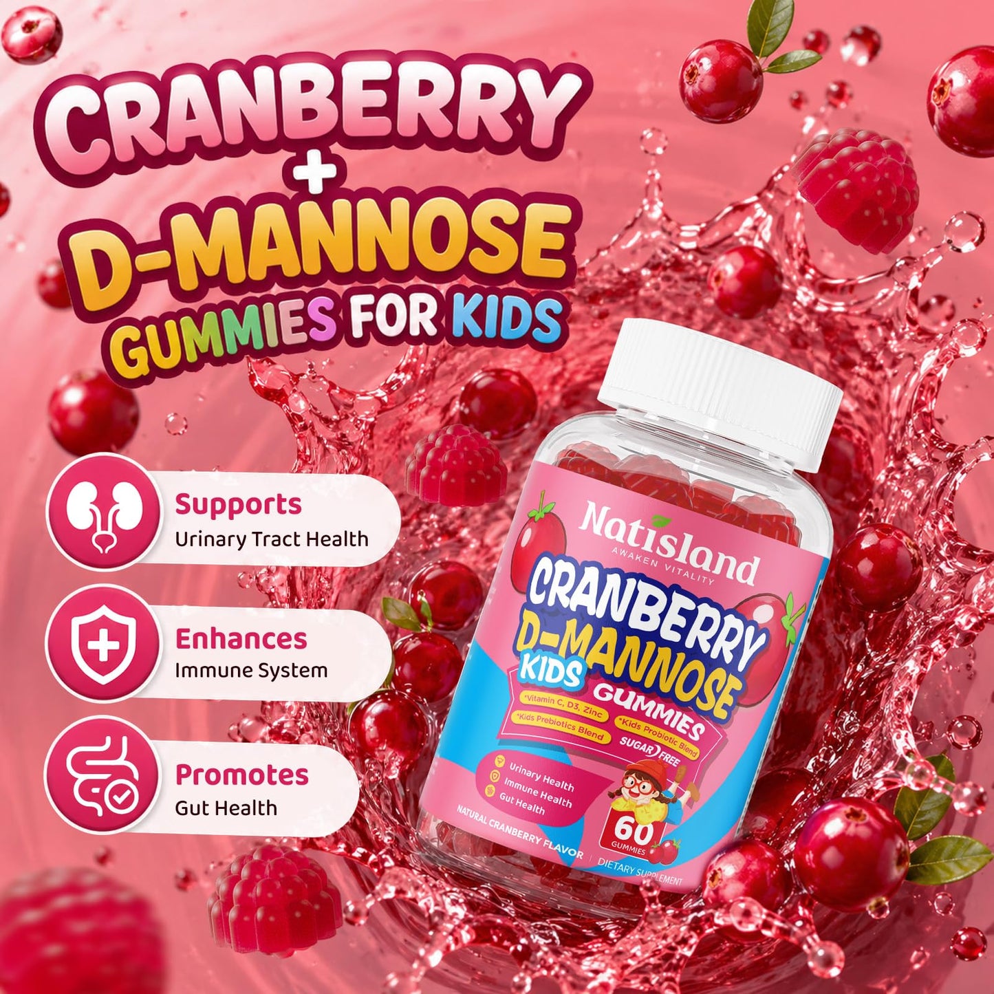 NATISLAND Cranberry & D-Mannose Gummies for Kids 4+ 60 Count